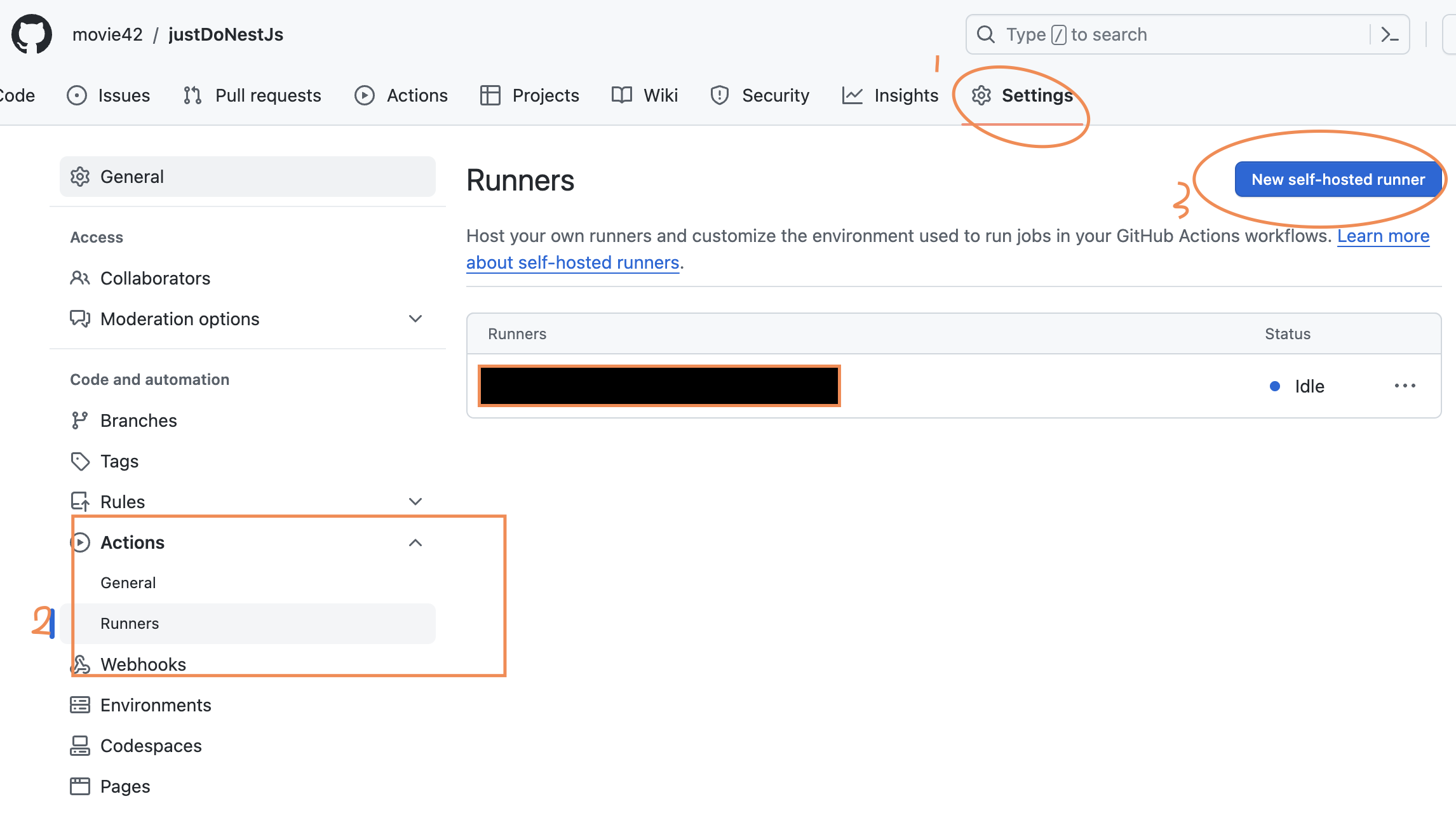 github actions settings self-runners